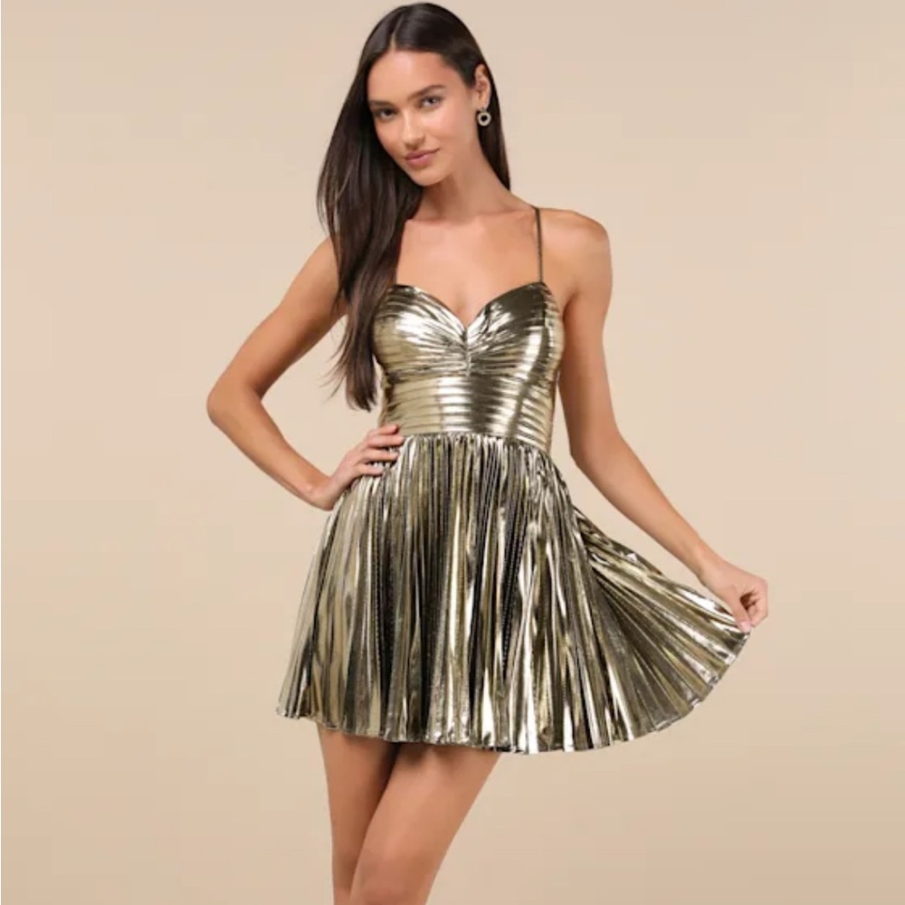 Glamorous Choice Gold Metallic Pleated Lace-Up Mini Dress
